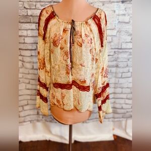 Johnny Was all Silk over dyed Floral lace insets flowy sleeves Semi Sheer chic S